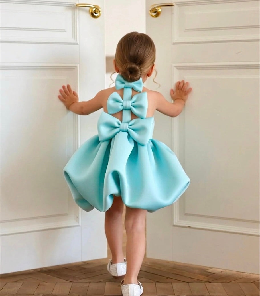 Aria Celeste High Fashion Dress for Girls in Ice Blue with Sculptural Cascade of Laces