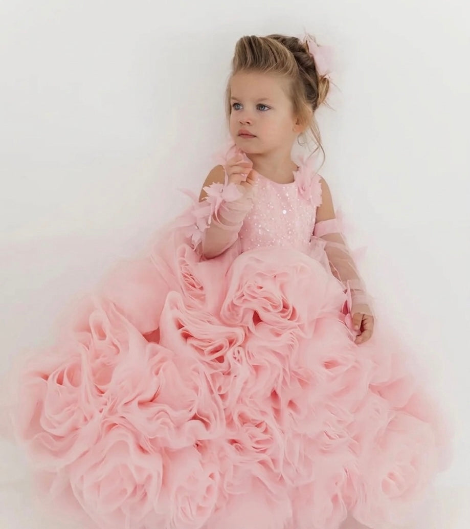 Luxury Princess Dress in Pastel Pink with 3D Rosette Skirt