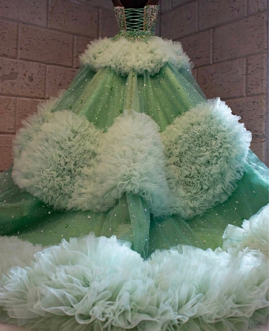 Handmade Mint Green Gala Dress, Luxury Quinceañera Dress, Mermaid Dress with Rhinestones and Ruffled Overskirt, Personalized Haute Couture.