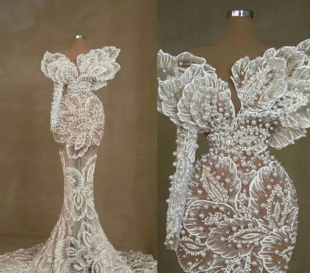 Luxury Wedding Dress with Pearls and Floral Appliques 3D Mermaid Style Gala Dress with Transparencies and Leaf Sleeves Haute Couture Design for Weddings and Gala Events