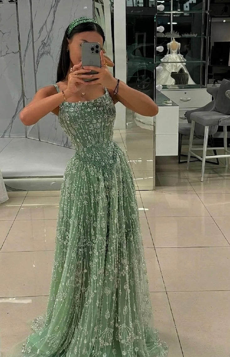 Sage Green Gala Dress with Crystal Embroidery, Romantic Tulle Dress for Prom or Bridesmaid, Luxury Bohemian Style with Corset and Rhinestones, Lena Dress inspired by nature.