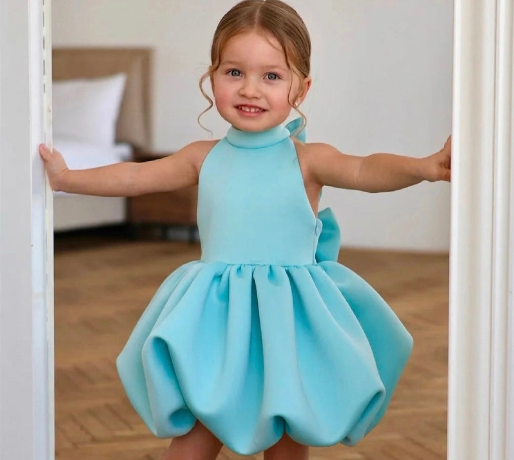 Aria Celeste High Fashion Dress for Girls in Ice Blue with Sculptural Cascade of Laces
