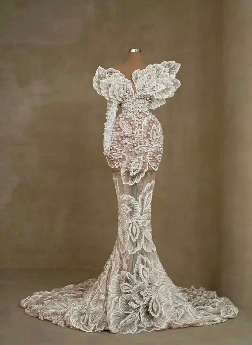 Luxury Wedding Dress with Pearls and Floral Appliques 3D Mermaid Style Gala Dress with Transparencies and Leaf Sleeves Haute Couture Design for Weddings and Gala Events