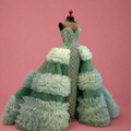 Handmade Mint Green Gala Dress, Luxury Quinceañera Dress, Mermaid Dress with Rhinestones and Ruffled Overskirt, Personalized Haute Couture.