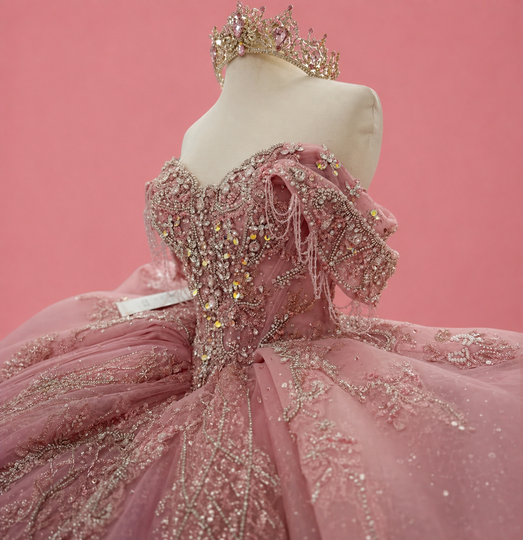Royal Quinceañera Dress in Dusty Pink with Step-oned Ruffled Skirt and Luxury Embroidery