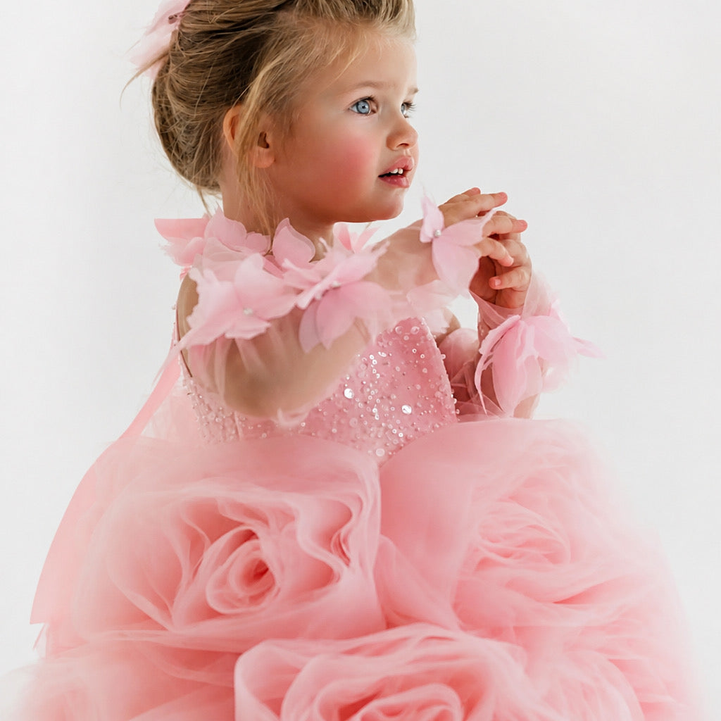 Luxury Princess Dress in Pastel Pink with 3D Rosette Skirt