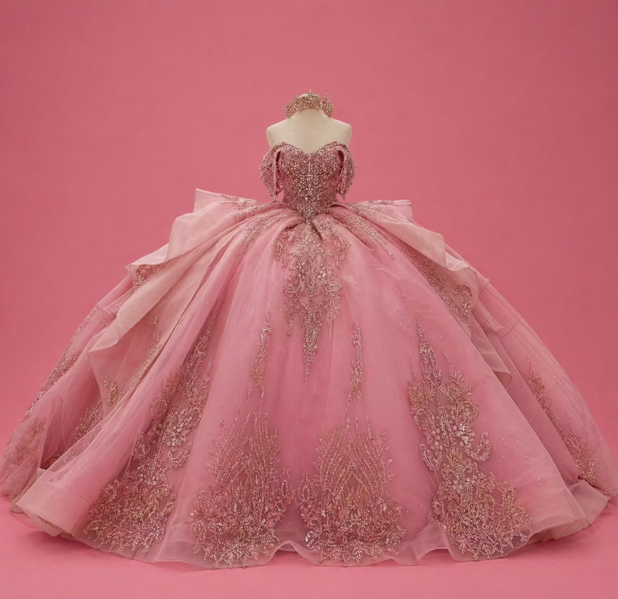 Royal Quinceañera Dress in Dusty Pink with Step-oned Ruffled Skirt and Luxury Embroidery