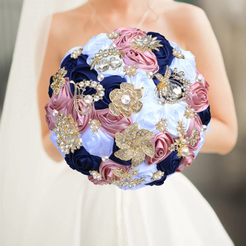 Bridal Bouquet with Satin Roses, Crystals and Pearls