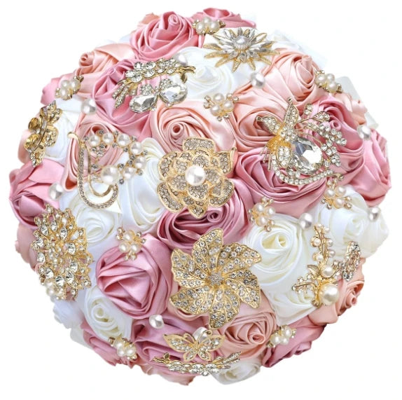 Bridal Bouquet with Satin Roses, Crystals and Pearls