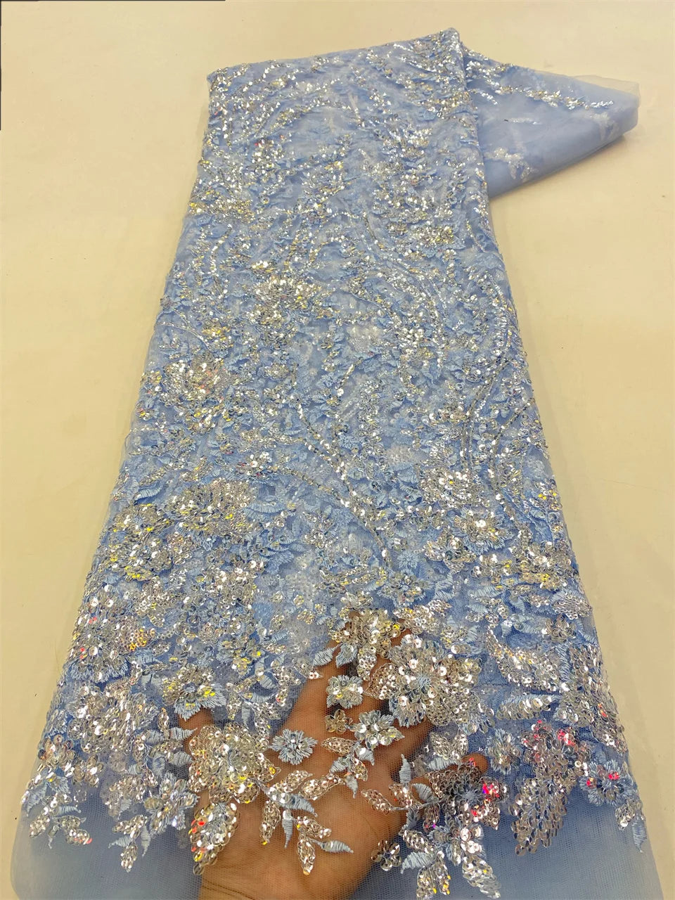 2024 High Quality African Lace Fabric Sequins Mesh Lace France Luxury Beads 3D Embroidered Tulle Lace Fabric for Sewing