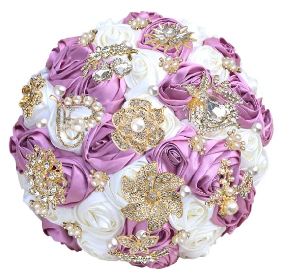 Bridal Bouquet with Satin Roses, Crystals and Pearls