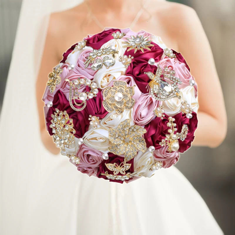 Bridal Bouquet with Satin Roses, Crystals and Pearls
