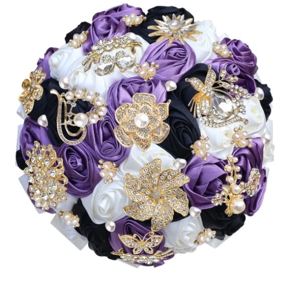 Bridal Bouquet with Satin Roses, Crystals and Pearls