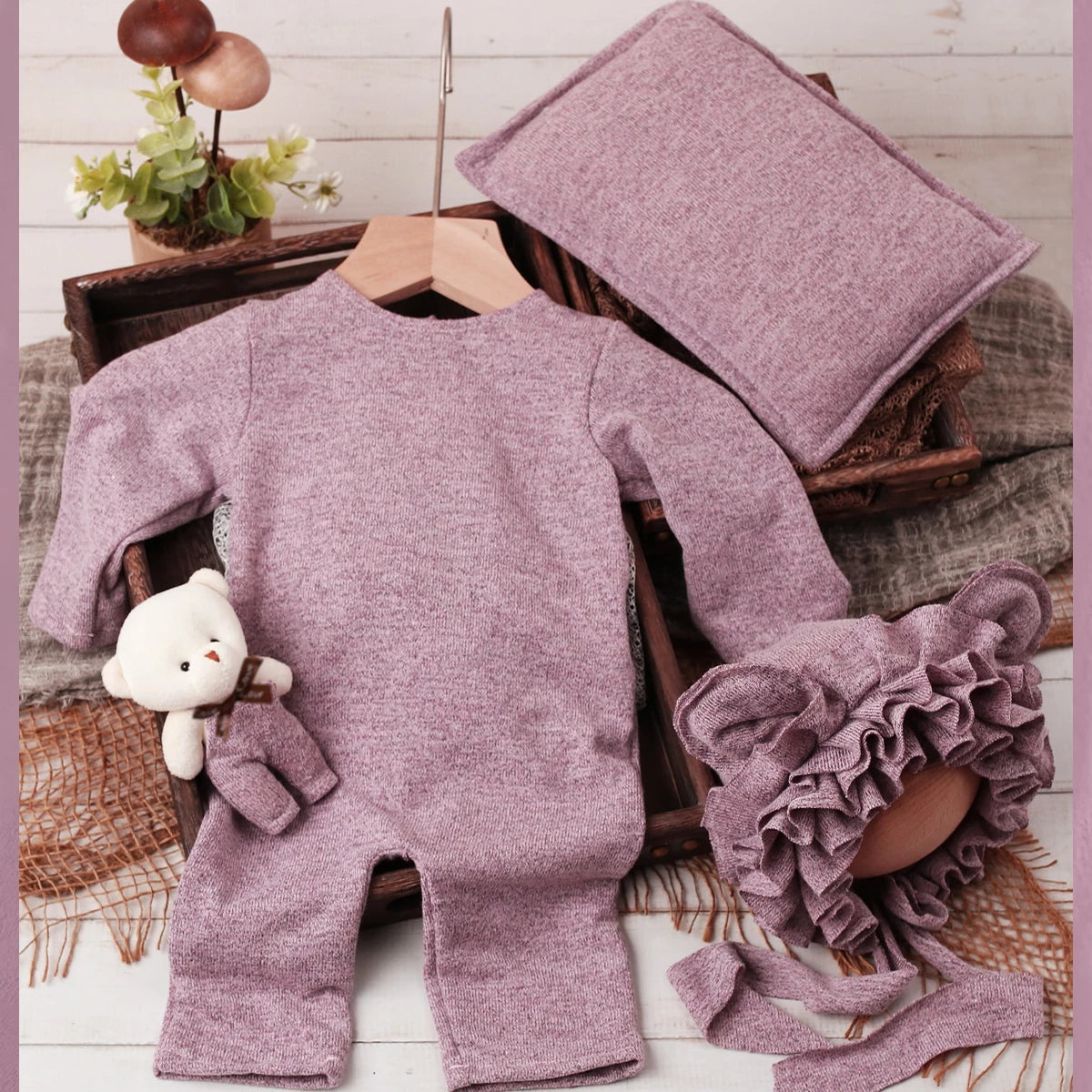 Newborn Photo Set "Romantic Bear" - Ruffle Hooded Cover and Matching Teddy Bear - Luxury Outfit for Newborn Photo Shoot - Mauve Color