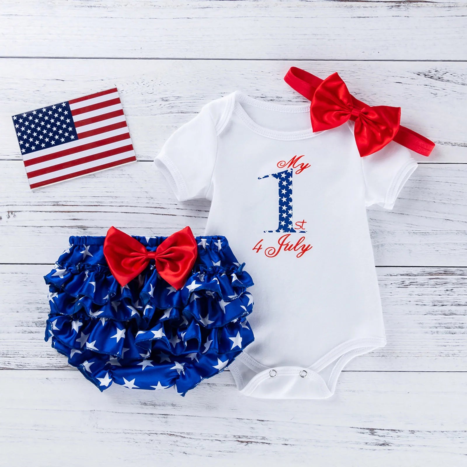 Little Miss America Set for Baby Girl Embroidered Body, Patriotic Ruffle Panties and Tie Headband Set of 3 Pieces