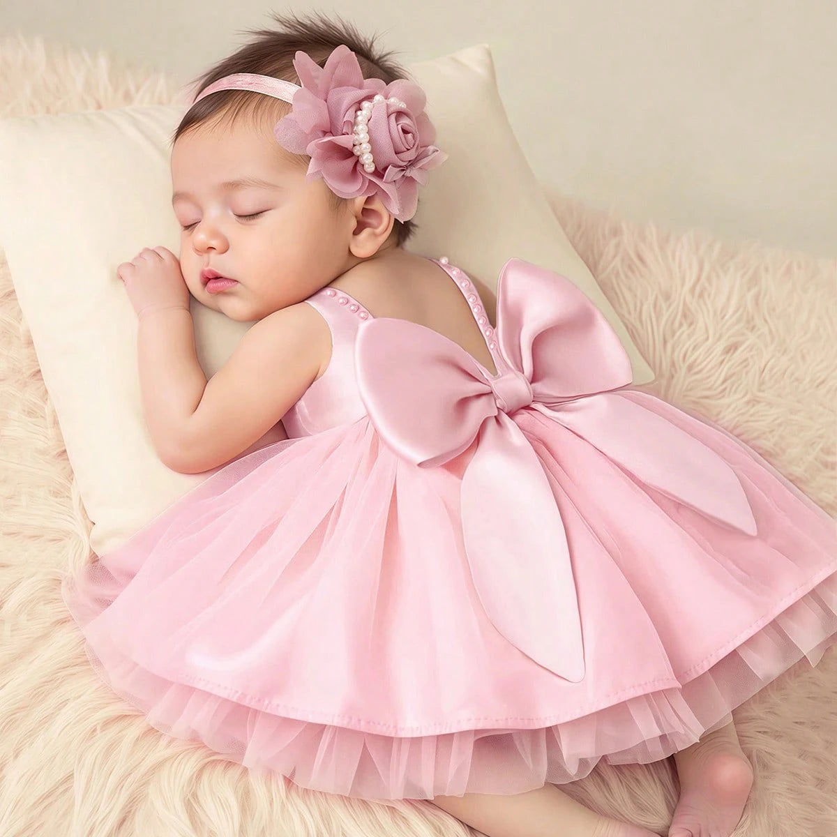 Elegant Party Dress Set for Baby Girl - Satin and Old Pink Tulle Dress with Maxi Bow - Includes Matching Floral Headband - Outfit for Baptism, Wedding or Birthday