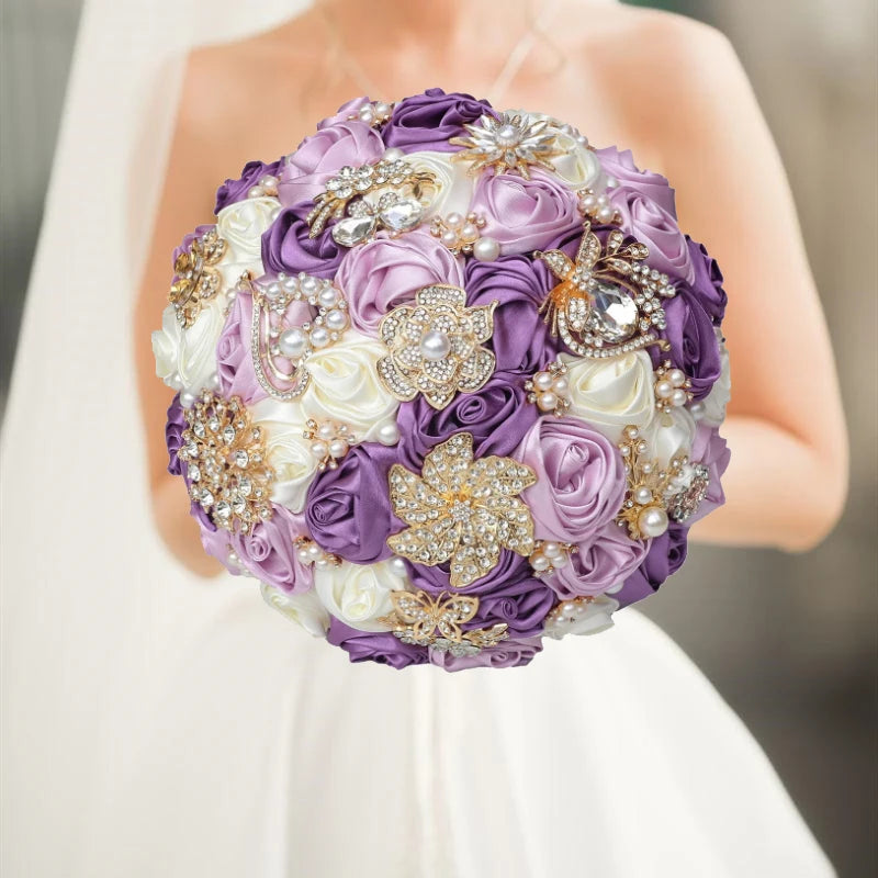 Bridal Bouquet with Satin Roses, Crystals and Pearls