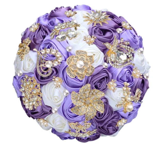 Bridal Bouquet with Satin Roses, Crystals and Pearls