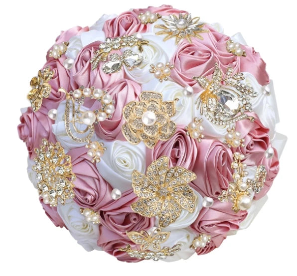 Bridal Bouquet with Satin Roses, Crystals and Pearls
