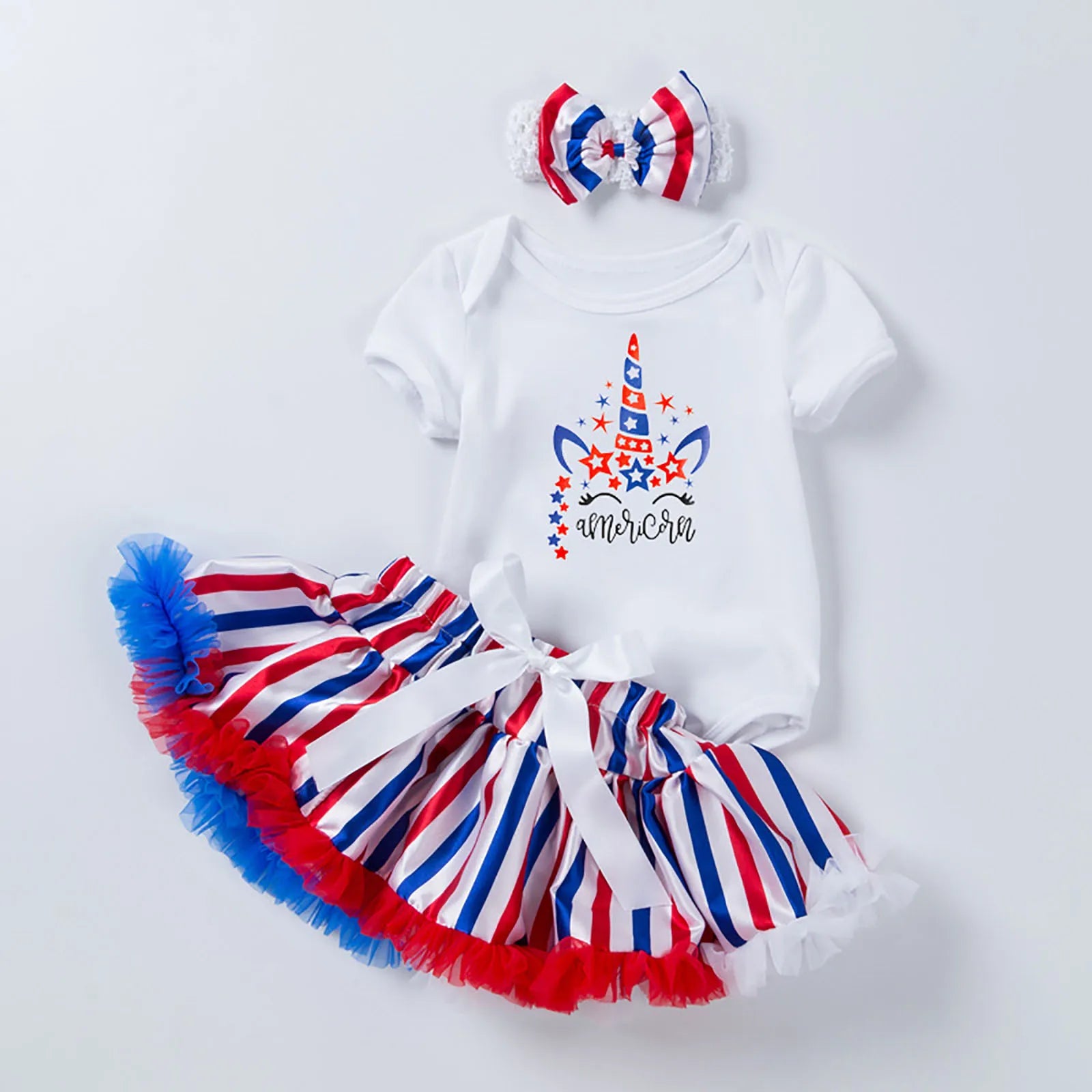 Little Miss America Set, Bodysuit with Patriotic Stripes tutu and Tie Headband