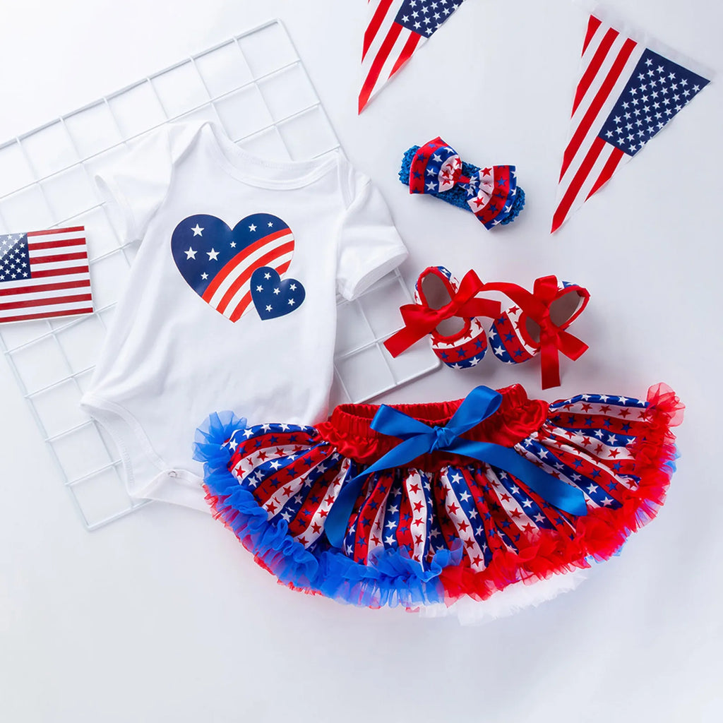 4pcs 4th July Baby Girl Outfits Patriotic Romper Tutu Skirt Headband Shoes Sets Independence Day Star Heart Holiday Photo Party