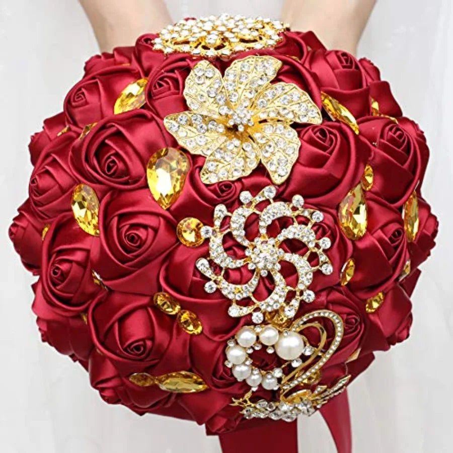 Burgundy Red and Gold Quinceañera Bouquet - Bridal Bouquet with Satin Roses, Crystals and Gold Brooches