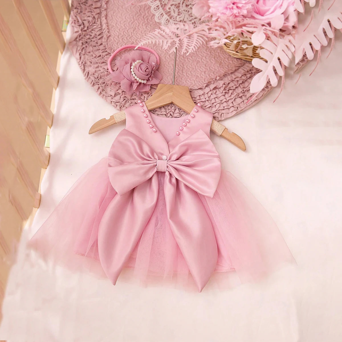 Elegant Party Dress Set for Baby Girl - Satin and Old Pink Tulle Dress with Maxi Bow - Includes Matching Floral Headband - Outfit for Baptism, Wedding or Birthday