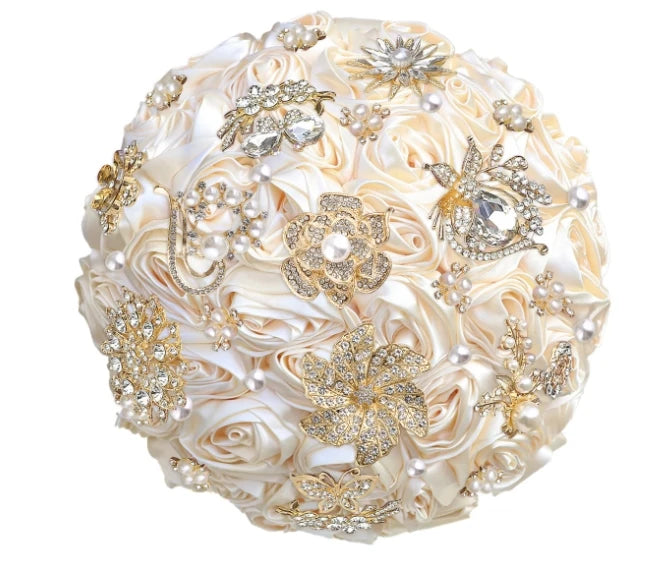Bridal Bouquet with Satin Roses, Crystals and Pearls