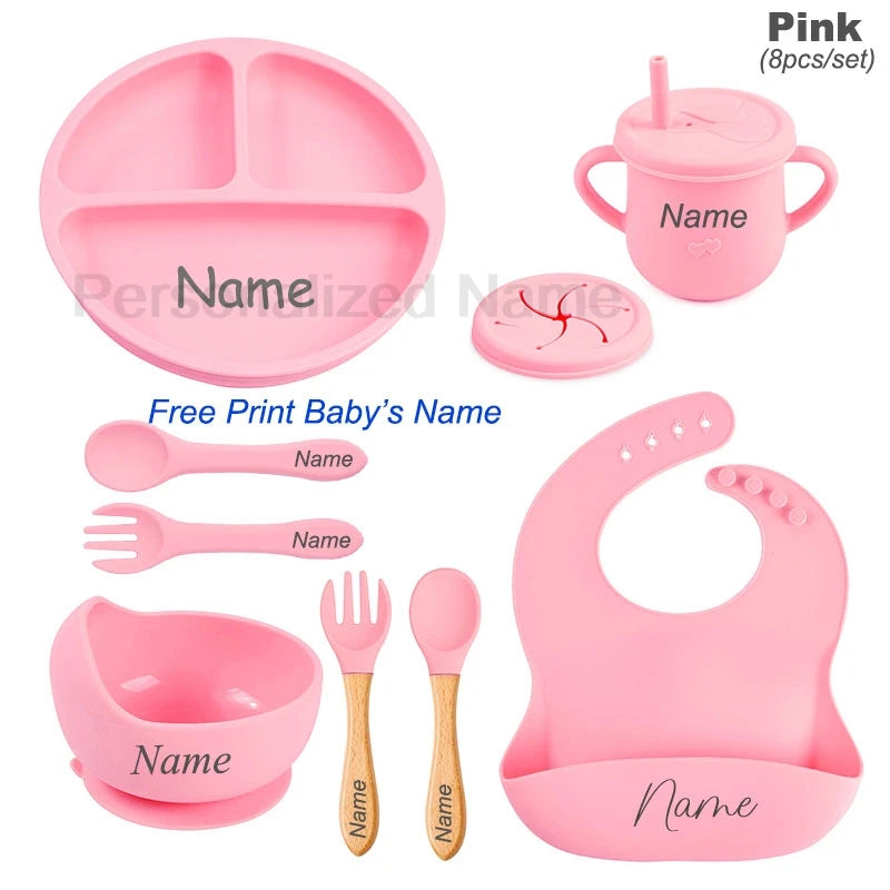 8Pcs Silicone Tableware Set Personalized Name Logo Baby Feeding Set Spoon Fork Suction Cup Bowl Silicone Dinner Plate For Kids