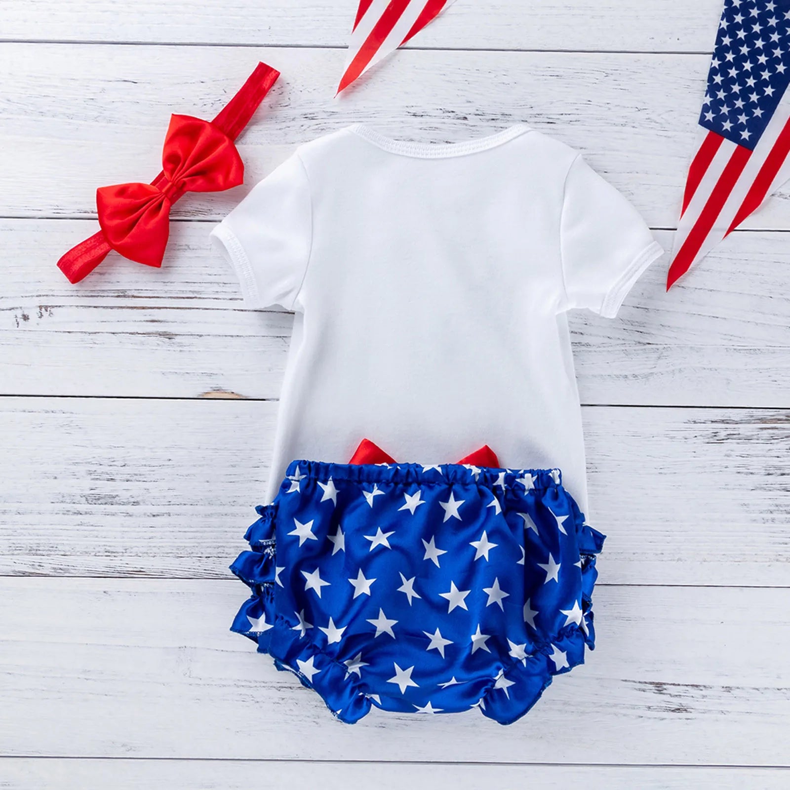Little Miss America Set for Baby Girl Embroidered Body, Patriotic Ruffle Panties and Tie Headband Set of 3 Pieces