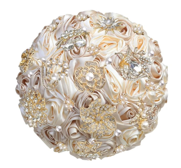 Bridal Bouquet with Satin Roses, Crystals and Pearls