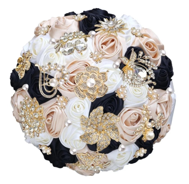 Bridal Bouquet with Satin Roses, Crystals and Pearls