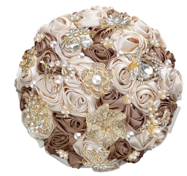Bridal Bouquet with Satin Roses, Crystals and Pearls