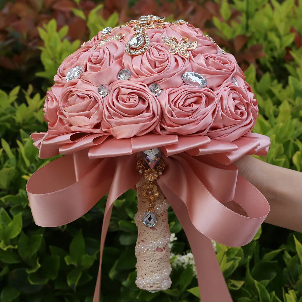 Bridal Bouquet with Satin Roses, Crystals and Pearls