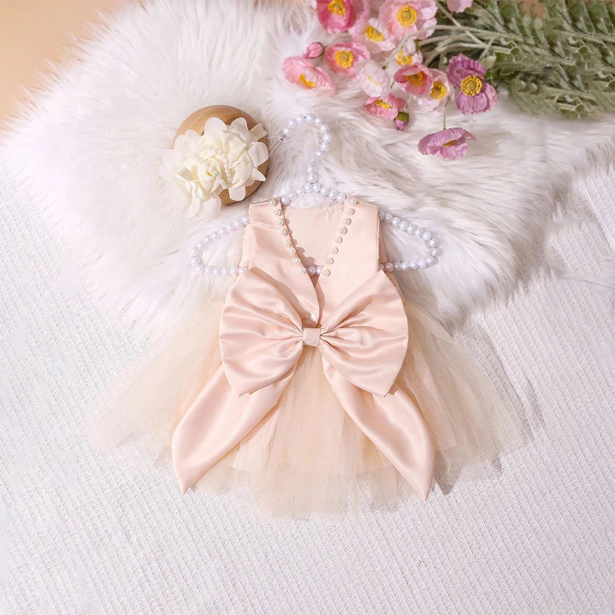 Elegant Party Dress Set for Baby Girl - Satin and Old Pink Tulle Dress with Maxi Bow - Includes Matching Floral Headband - Outfit for Baptism, Wedding or Birthday