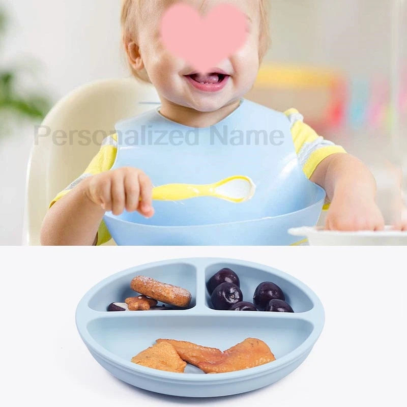8Pcs Silicone Tableware Set Personalized Name Logo Baby Feeding Set Spoon Fork Suction Cup Bowl Silicone Dinner Plate For Kids