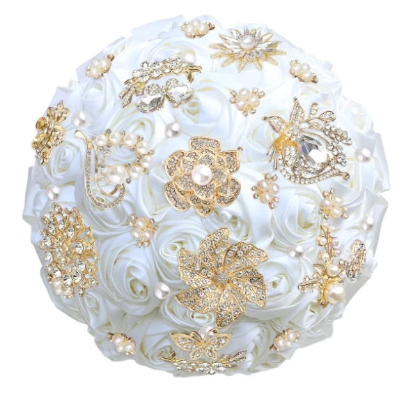 Bridal Bouquet with Satin Roses, Crystals and Pearls