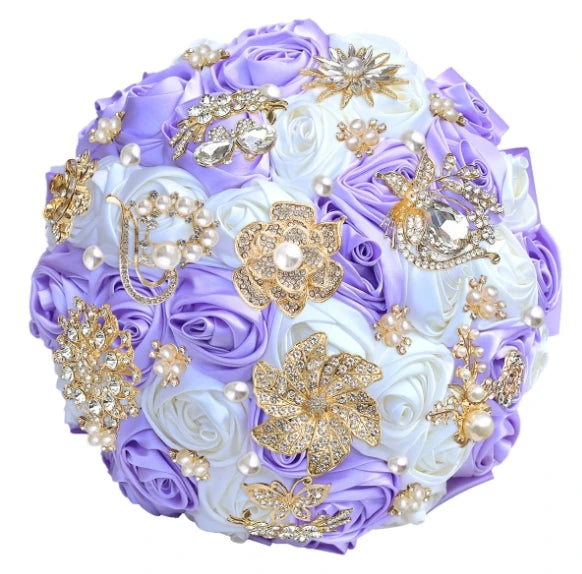 Bridal Bouquet with Satin Roses, Crystals and Pearls