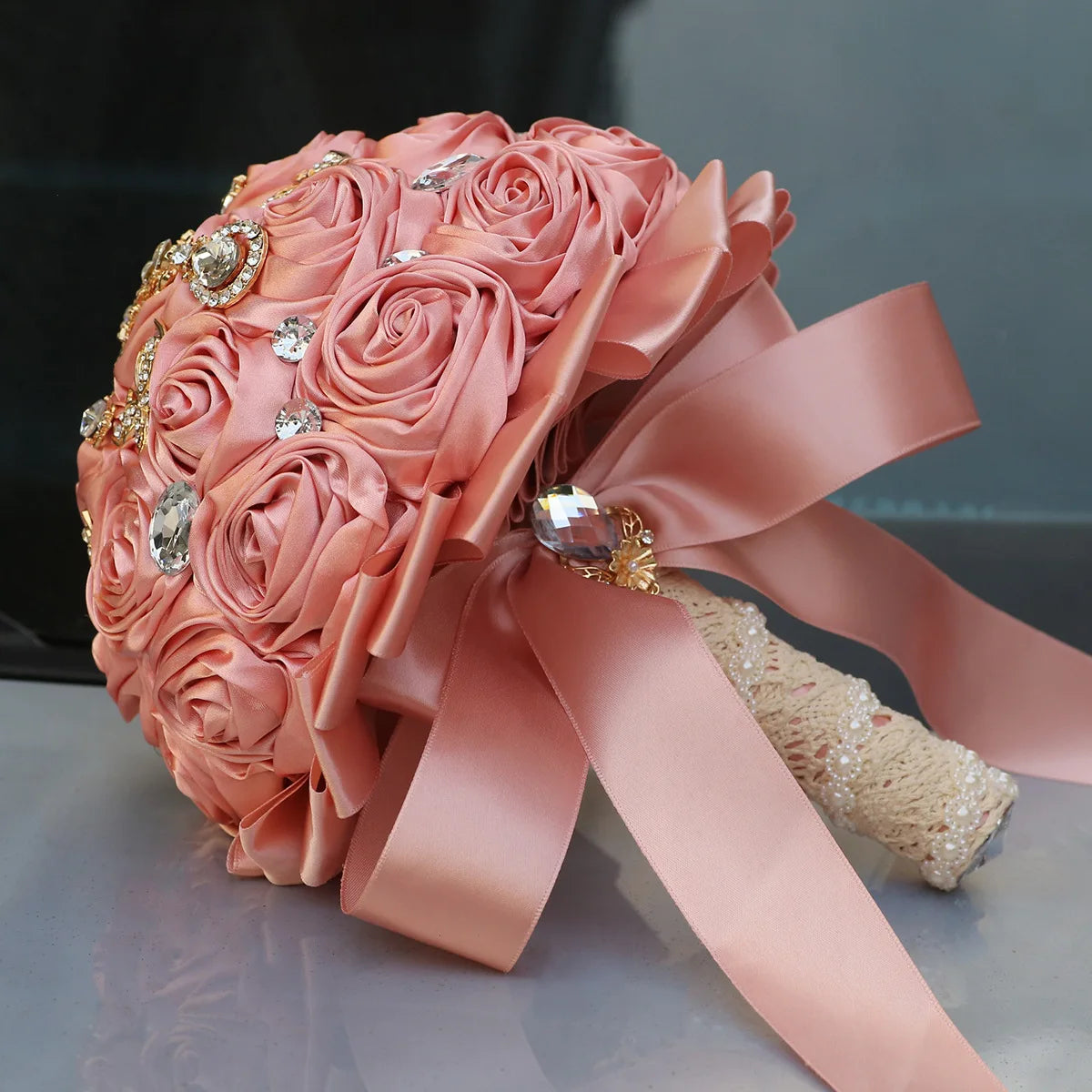 Bridal Bouquet with Satin Roses, Crystals and Pearls