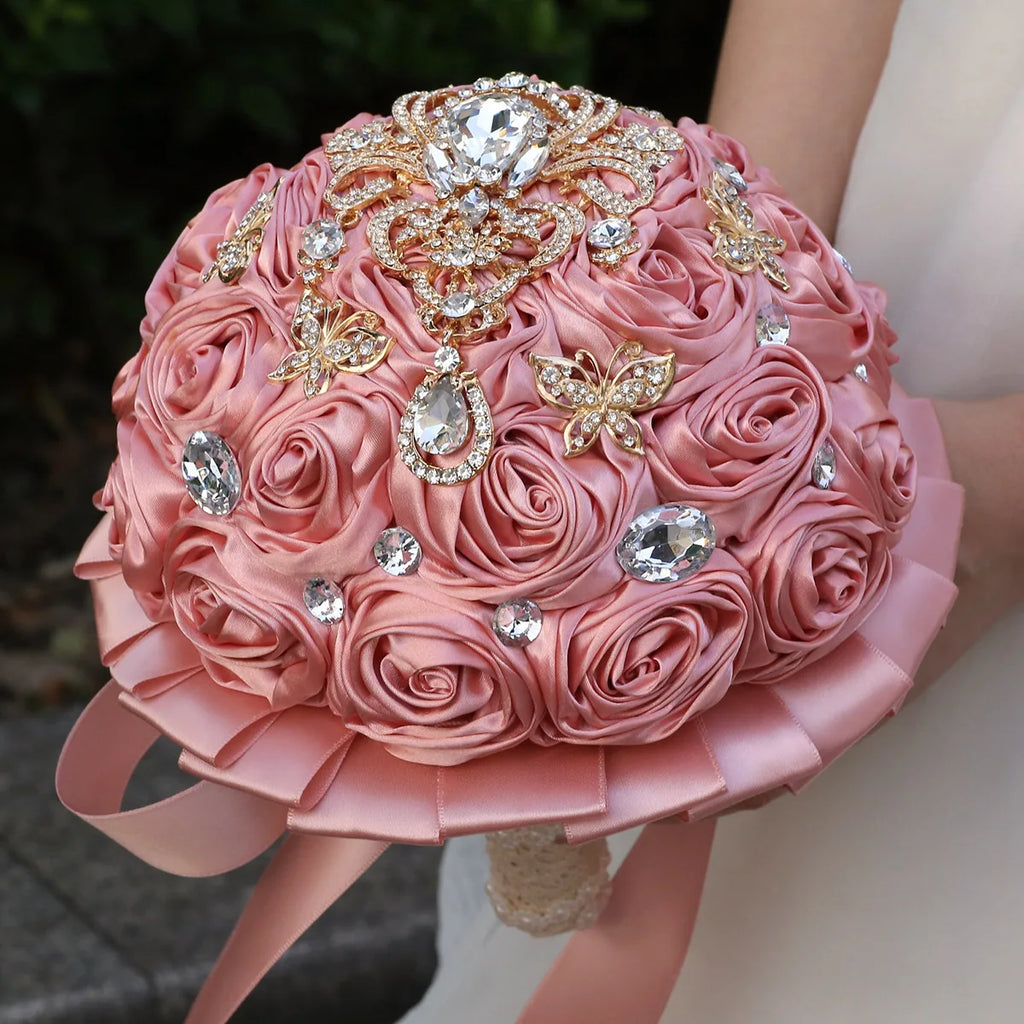 Bridal Bouquet with Satin Roses, Crystals and Pearls