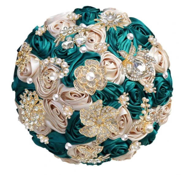 Bridal Bouquet with Satin Roses, Crystals and Pearls