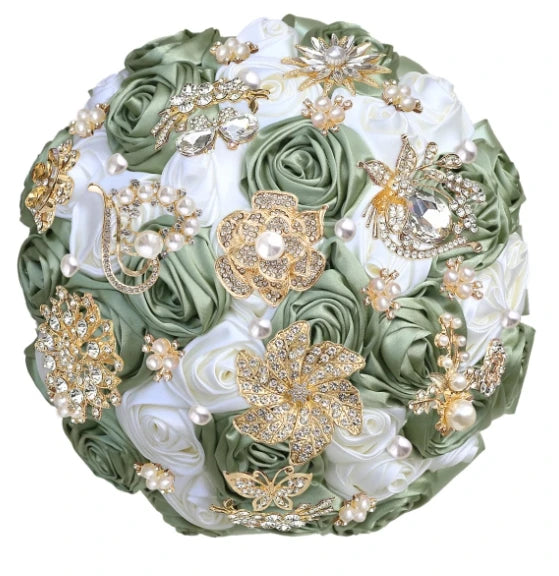 Bridal Bouquet with Satin Roses, Crystals and Pearls