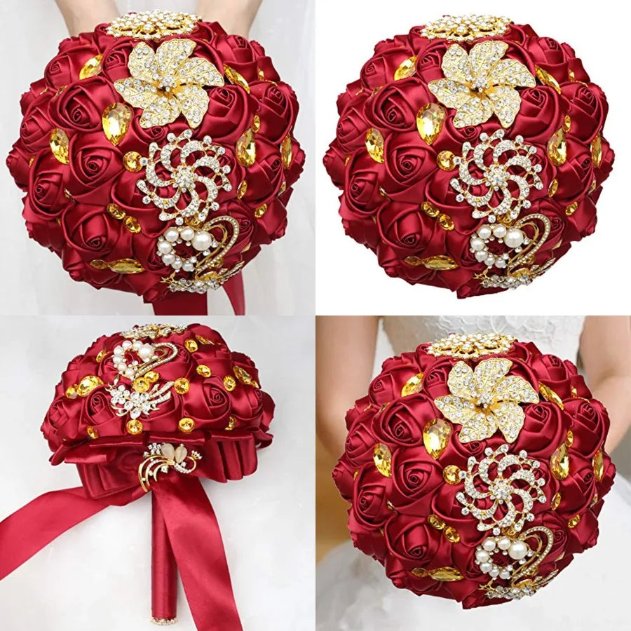 Burgundy Red and Gold Quinceañera Bouquet - Bridal Bouquet with Satin Roses, Crystals and Gold Brooches