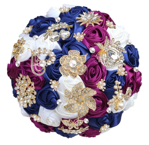 Bridal Bouquet with Satin Roses, Crystals and Pearls