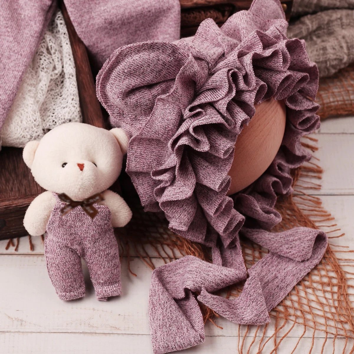 Newborn Photo Set "Romantic Bear" - Ruffle Hooded Cover and Matching Teddy Bear - Luxury Outfit for Newborn Photo Shoot - Mauve Color