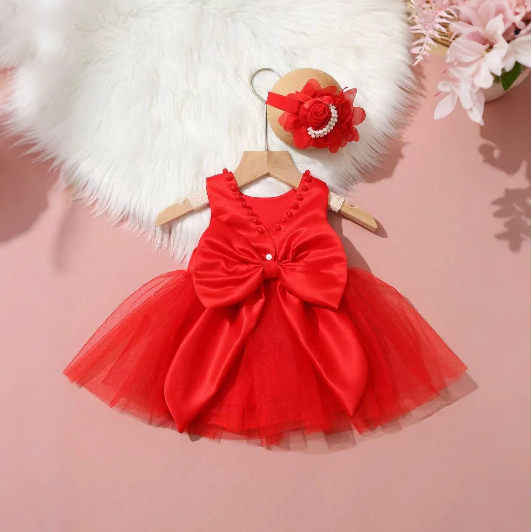 Elegant Party Dress Set for Baby Girl - Satin and Old Pink Tulle Dress with Maxi Bow - Includes Matching Floral Headband - Outfit for Baptism, Wedding or Birthday