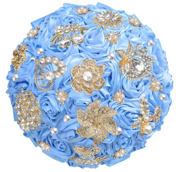 Bridal Bouquet with Satin Roses, Crystals and Pearls