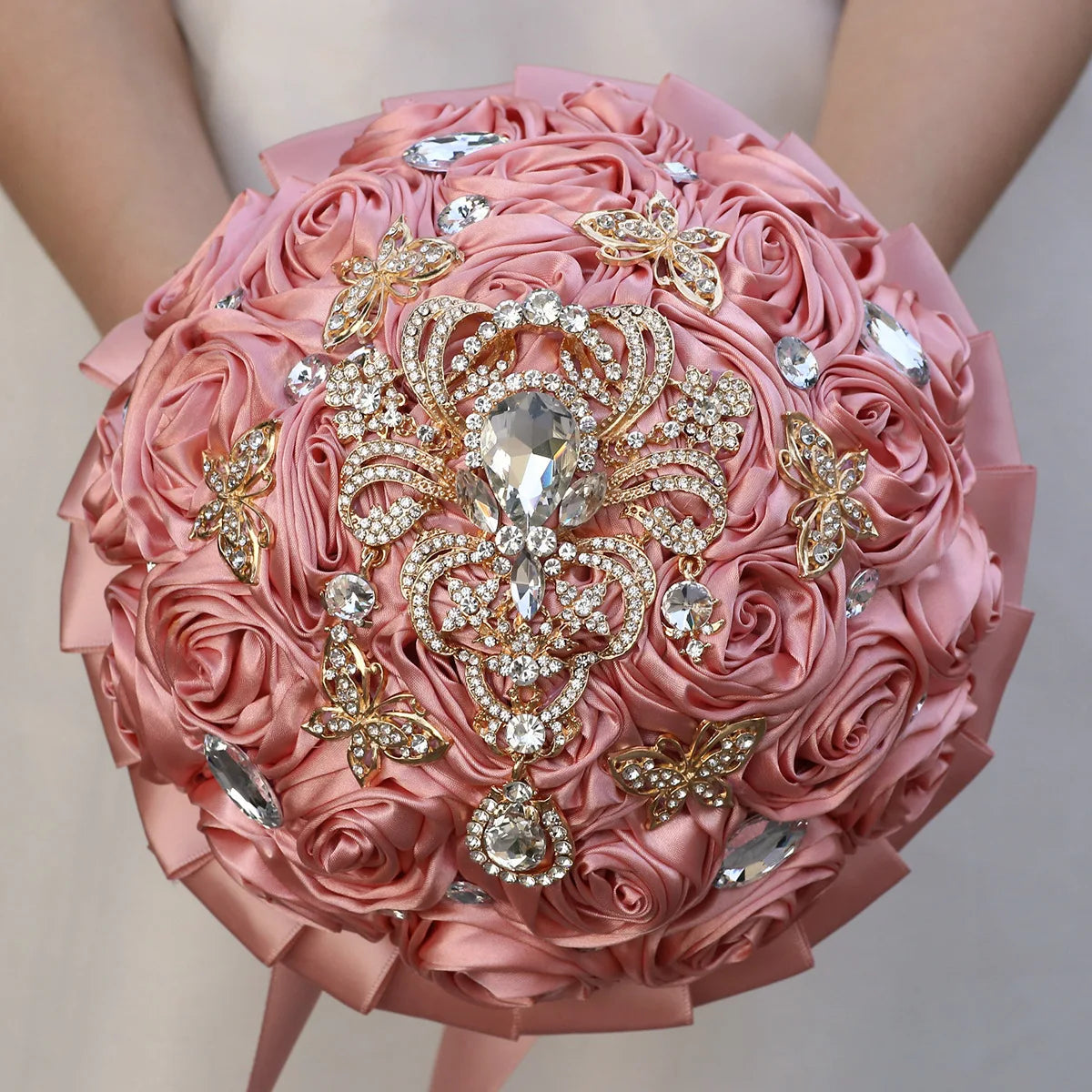 Bridal Bouquet with Satin Roses, Crystals and Pearls
