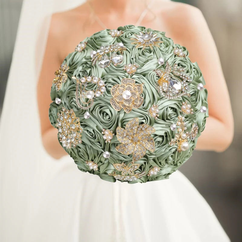 Bridal Bouquet with Satin Roses, Crystals and Pearls