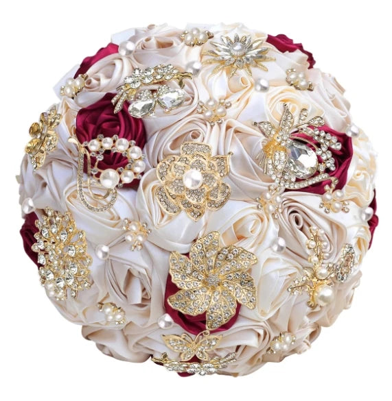Bridal Bouquet with Satin Roses, Crystals and Pearls
